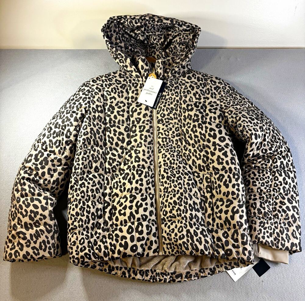 NWT Abercrombie Kids Performance Puffer Girls 15/16 Leopard Hooded Zip Jacket